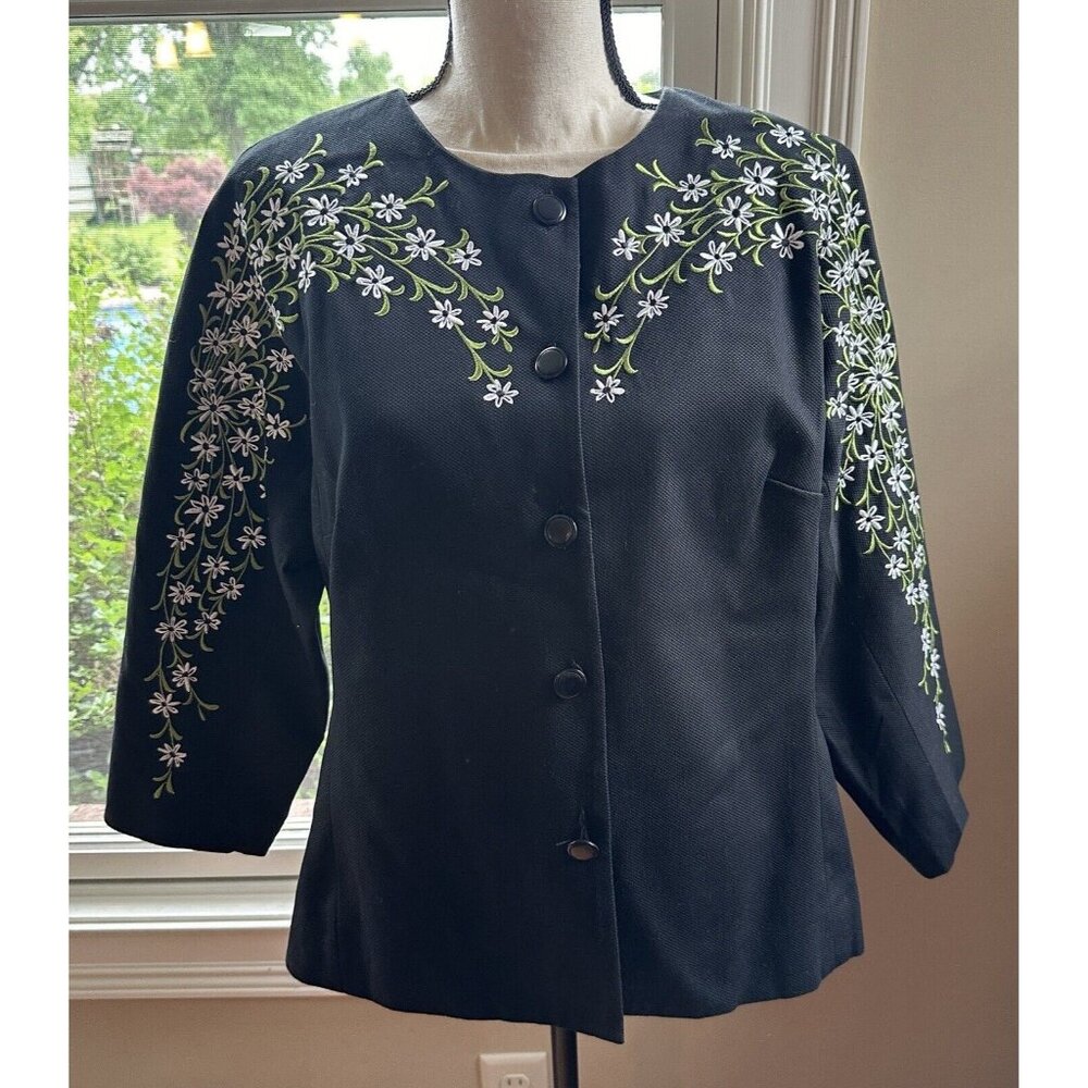 Bob Mackie Wearable Art Embroidered‎ White Flowers Black Jacket, Sz L Large